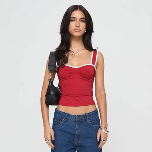 Débardeur court rouge rétro avec liseré blanc contrasté et col carré pour femme
