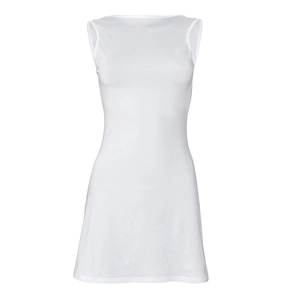 Close-up of a white sleeveless bodycon dress made from smooth elastic knit fabric