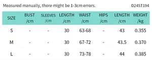 Size chart showing waist and length measurements for the chiffon two-piece skirt set