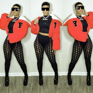 Three-view close-up of a red cropped down jacket with white faux fur collar and black F patch