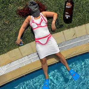 Women's slim fit sleeveless white mini dress with creative red bikini trompe-l'oeil print