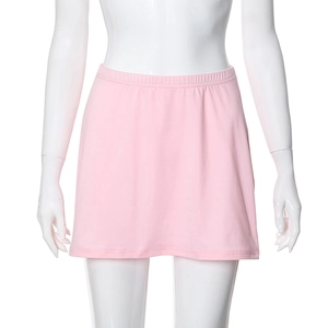 Close-up of a light pink mini skirt featuring an elastic waistband and soft knit fabric