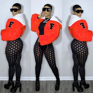 Detailed views of women's orange cropped jacket with white fur trim and 'F' letter patch
