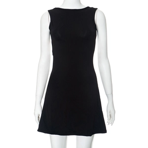 Front detail of a minimalist black bodycon sleeveless mini dress with crew neckline