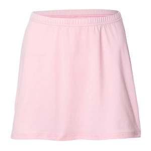 Detail view of the light pink elastic waistband and breathable fabric of the mini skirt