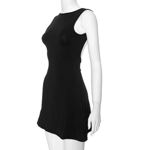 Side view of a slim-fit black sleeveless mini dress on a model showing smooth elastic fabric