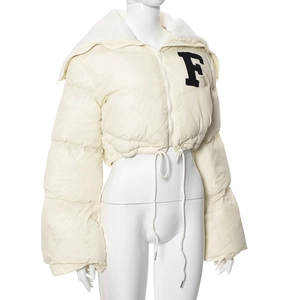 Detail view of American vintage white puffer jacket with F letter embroidery and fleece collar
