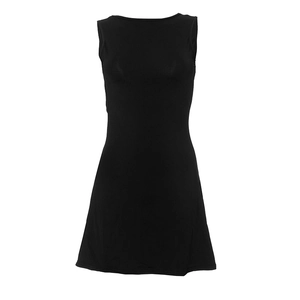 Detailed view of black sleeveless mini dress featuring a slim fit cut and ribbed texture
