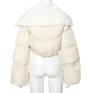 Close-up of ivory short padded jacket back with white faux shearling collar detail