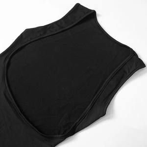Close-up of black sleeveless bodysuit featuring backless design and U-shaped neckline