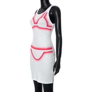 Close-up of fitted white tank dress featuring artistic red gradient bikini print outline