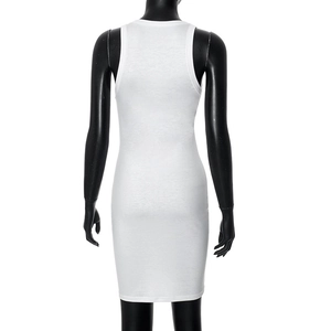 Detail of white racerback bodycon mini dress showing ribbed knit fabric and stitching
