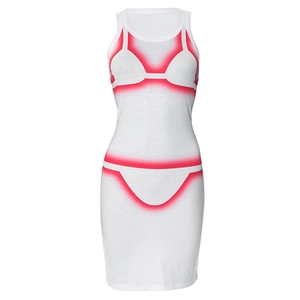 Detail of white slim sleeveless dress featuring a creative red bikini illusion print