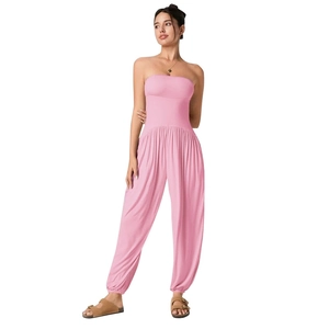 Straloze roze jumpsuit voor dames met hoge taille en losse pofbroek voor de zomer