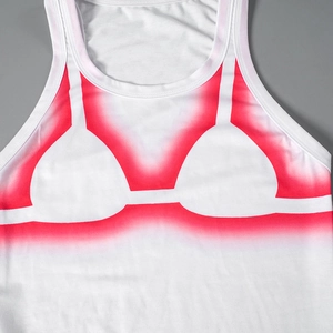 Close-up of white cotton tank dress with pink bikini print and U-neck detail
