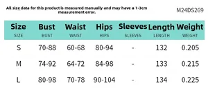 Size chart for slim sleeveless long dress with bust, waist and length measurements