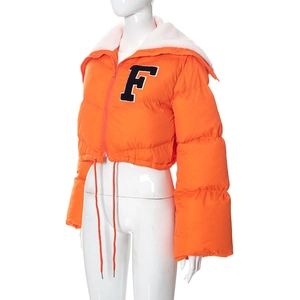 Detail of orange cropped puffer jacket with white fleece collar and letter F patch