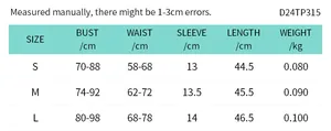 Detailed size chart for women's crew neck backless cropped T-shirt with measurements
