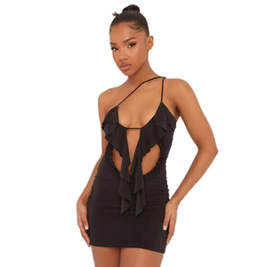 Mini robe moulante noire sexy avec dentelle, découpes latérales et bretelles