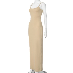 Detailed view of khaki slim fit maxi dress featuring thin straps and side slit detail