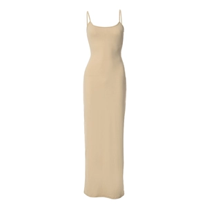 Detailed view of beige sleeveless slim fit maxi dress with thin straps and side slit