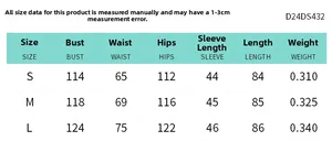 Size chart for women's long sleeve waist dress showing S, M, L measurements in centimeters