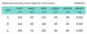 Size chart for the long sleeve mini dress detailing bust, waist, hips, and length measurements
