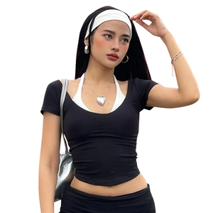 Women's backless faux two-piece black crop top with white neck strap and round neckline