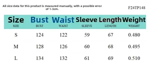 Detailed size chart for crewneck knit top showing bust, waist and sleeve measurements