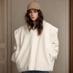 Detail view of white fleece zip-up jacket with hidden side pockets and oversized fit