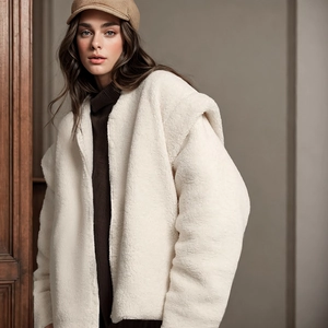Detail view of cream sherpa fleece jacket texture with minimalist zipper and round collar