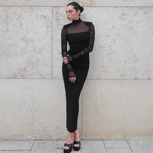 Elegant black bodycon maxi dress featuring sheer mesh high neck and long sleeves detail
