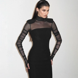 Sultry black high neck mesh dress with sheer ruched sleeves and structured shoulder pads