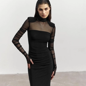 Detail of the high neck mesh panel and gathered mesh long sleeves with thumbhole cuffs