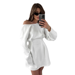 Elegant white long sleeve mini dress featuring asymmetrical off-shoulder neck and waist pleats