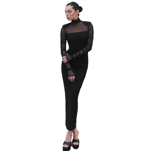 Elegant black bodycon maxi dress with high neck and sheer mesh long sleeve panels