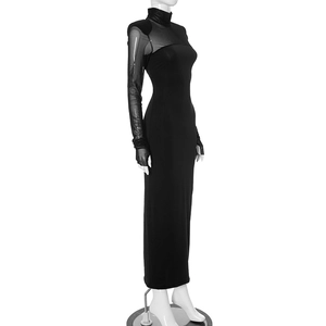 Detail of the high collar and sheer mesh long sleeves on this black bodycon maxi dress