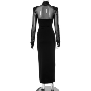 Detailed back view of a black bodycon dress featuring sheer mesh sleeves and turtleneck