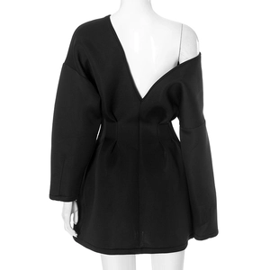 Detail of V-neckline and waist pleats on this black long sleeve A-line mini dress