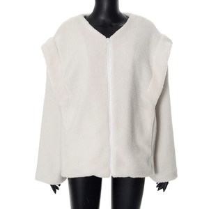 Detail of fleece cardigan with ruffled shoulder design and white zip-up collar