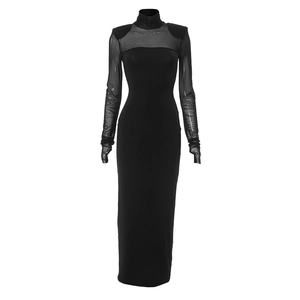 Close-up of black bodycon dress with mesh panels, high neck, and padded shoulders