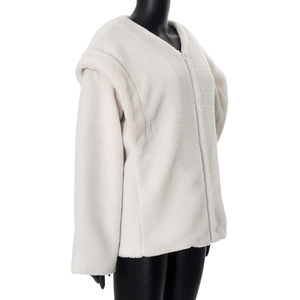 Side view of white fuzzy fleece zip-up hoodie featuring soft texture and relaxed fit