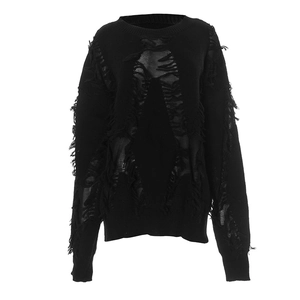 Close-up of black distressed knit sweater with irregular holes and ripped edge texture