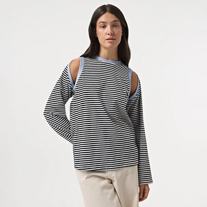 Women's black and white striped long sleeve top with cold shoulder cutouts and blue trim