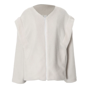 Close-up of cream white sherpa fleece jacket texture with zip-up design and soft fabric detail