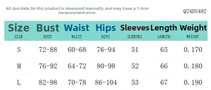 Size chart for the off-shoulder long sleeve dress with detailed body measurements