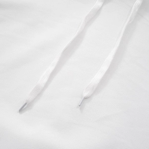 Macro shot of white drawstring with clear plastic tips on cotton blend hoodie fabric