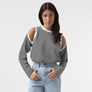 Detail of striped off-shoulder top with white crew neck and cut-out shoulder design