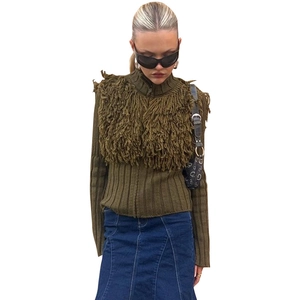 Army green long sleeve ribbed knit cardigan with plush faux fur trim and zip collar