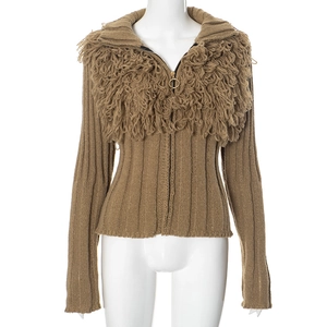 Detail of coffee brown ribbed knit cardigan with textured faux fur collar and metal zipper